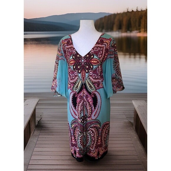 MSK Paisley Butterfly Boho Flutter Sleeve Cut Out Back  Multicolor Shift Dress L - Picture 1 of 8
